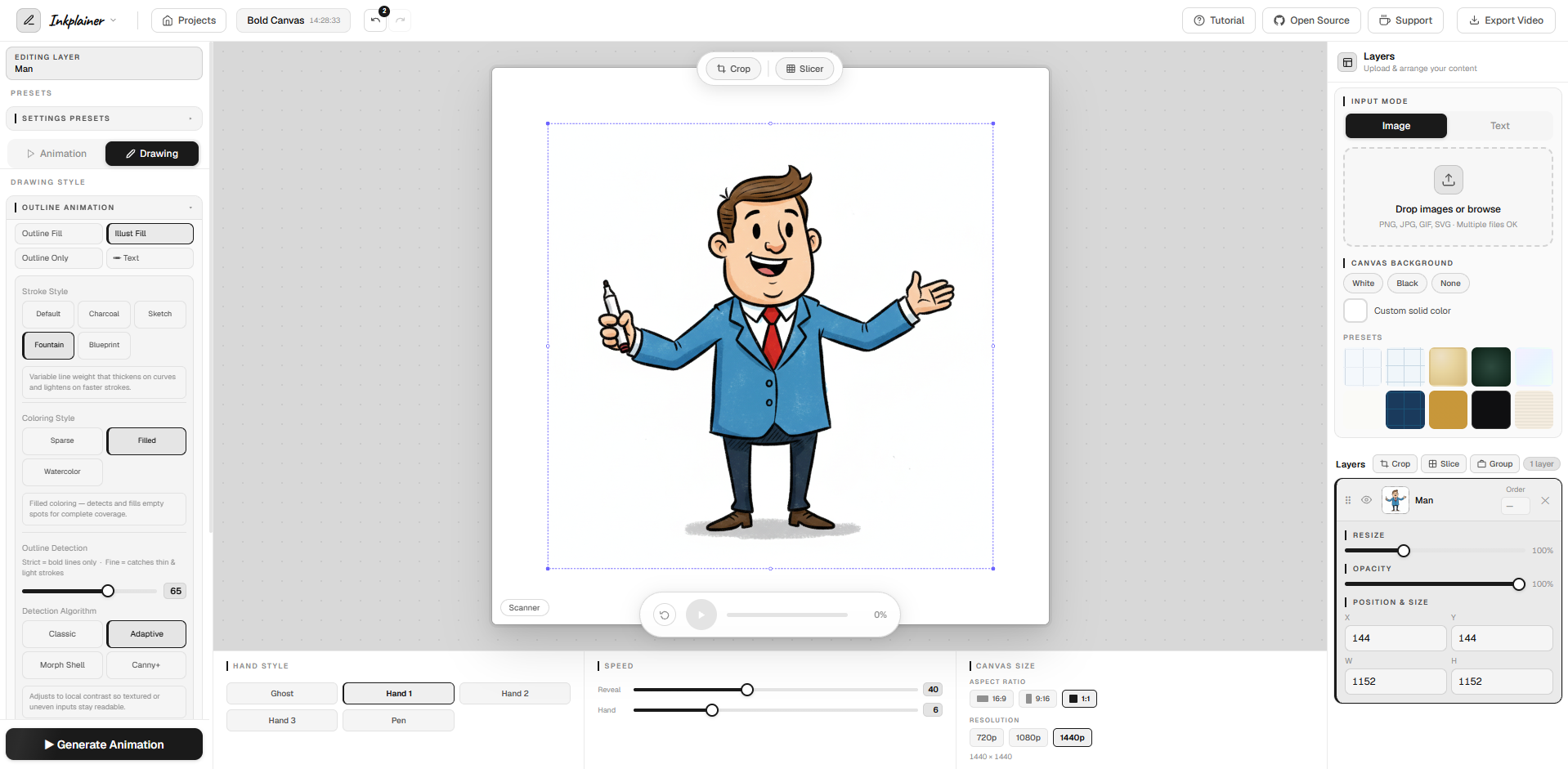 Inkplainer dashboard showing the whiteboard animation editor with drawing controls, canvas preview, layers, and export tools